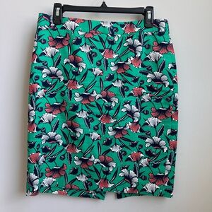 J. Crew Green Floral Pencil Skirt with Coral & White Blooms